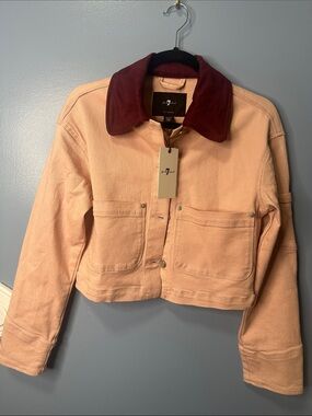 NWT 7 For All Mankind Cropped Utility Denim Jacket Blush Burgundy  Corduroy